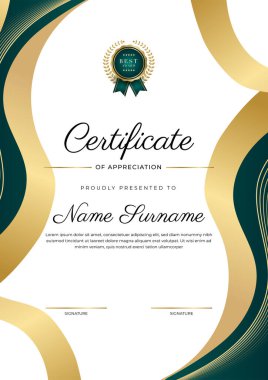 Modern koyu yeşil ve altın sertifika tasarım şablonu profesyonel tarzda, altın rozetli ve sınır çerçeveli. Vektör illüstrasyonu