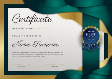 Modern koyu yeşil ve altın sertifika tasarım şablonu profesyonel tarzda, altın rozetli ve sınır çerçeveli. Vektör illüstrasyonu