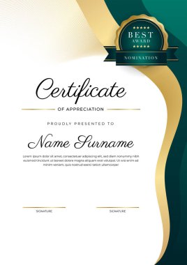 Modern koyu yeşil ve altın sertifika tasarım şablonu profesyonel tarzda, altın rozetli ve sınır çerçeveli. Vektör illüstrasyonu