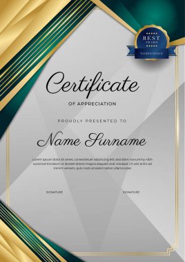 Modern koyu yeşil ve altın sertifika tasarım şablonu profesyonel tarzda, altın rozetli ve sınır çerçeveli. Vektör illüstrasyonu
