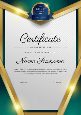 Modern koyu yeşil ve altın sertifika tasarım şablonu profesyonel tarzda, altın rozetli ve sınır çerçeveli. Vektör illüstrasyonu