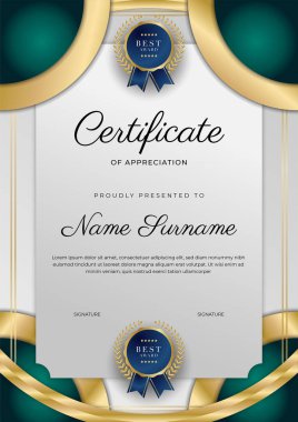 Modern koyu yeşil ve altın sertifika tasarım şablonu profesyonel tarzda, altın rozetli ve sınır çerçeveli. Vektör illüstrasyonu
