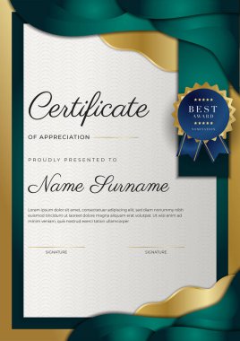 Modern koyu yeşil ve altın sertifika tasarım şablonu profesyonel tarzda, altın rozetli ve sınır çerçeveli. Vektör illüstrasyonu