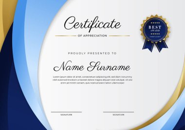 Modern mavi sertifika şablonu ve sınırı, ödül, diploma, onur, başarı, mezuniyet ve baskı için