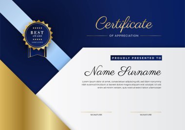 Modern mavi sertifika şablonu ve sınırı, ödül, diploma, onur, başarı, mezuniyet ve baskı için