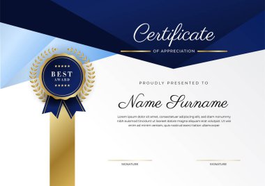 Modern mavi sertifika şablonu ve sınırı, ödül, diploma, onur, başarı, mezuniyet ve baskı için