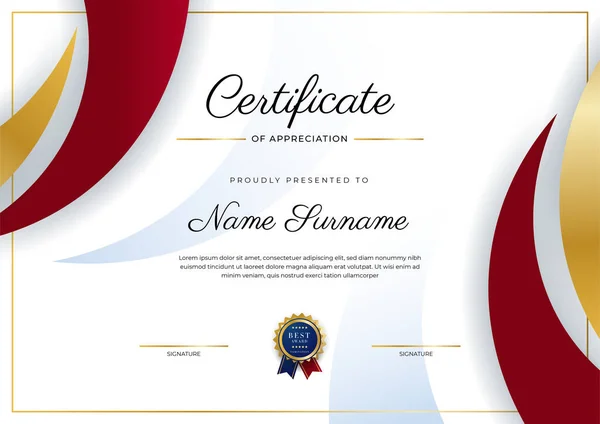 Design Modelo Certificado Diploma Elegante Moderno Vermelho Ouro —  Vetores de Stock