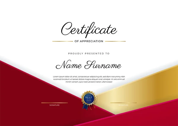 Design Moderno Elegante Modello Certificato Diploma Rosso Oro — Vettoriale Stock