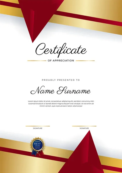 Design Modelo Certificado Diploma Elegante Moderno Vermelho Ouro — Vetor de Stock