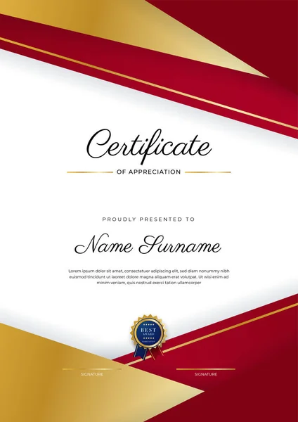 Design Modelo Certificado Diploma Elegante Moderno Vermelho Ouro —  Vetores de Stock