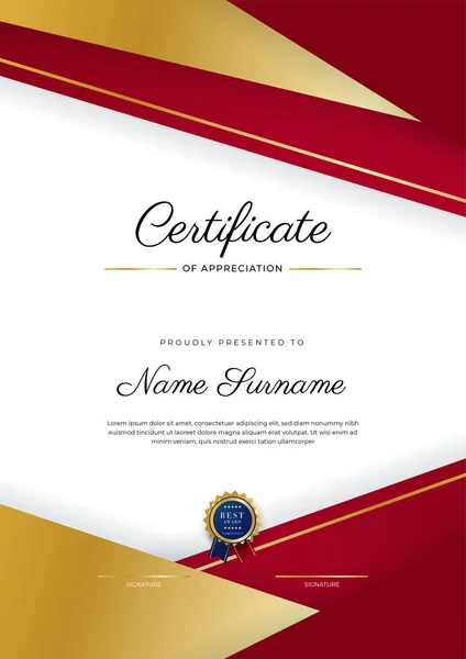 Design Moderno Elegante Modello Certificato Diploma Rosso Oro — Vettoriale Stock