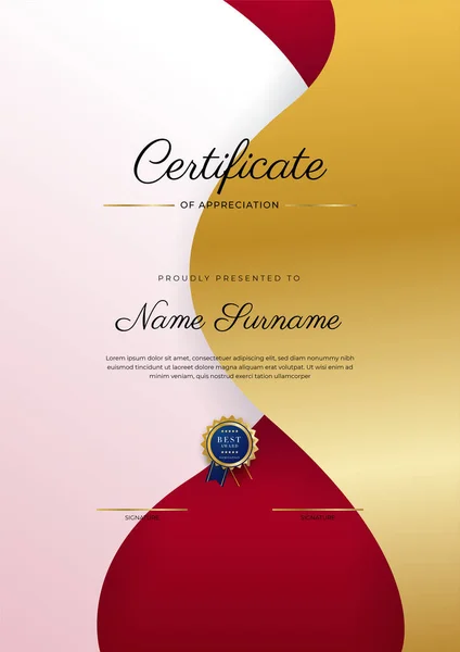Design Modelo Certificado Diploma Elegante Moderno Vermelho Ouro — Vetor de Stock