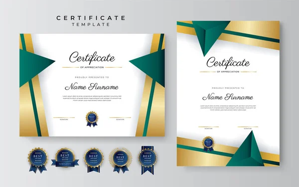 现代深绿色和金色商业证书设计模板的专业风格与金章和边框图案 矢量说明 — 图库矢量图片