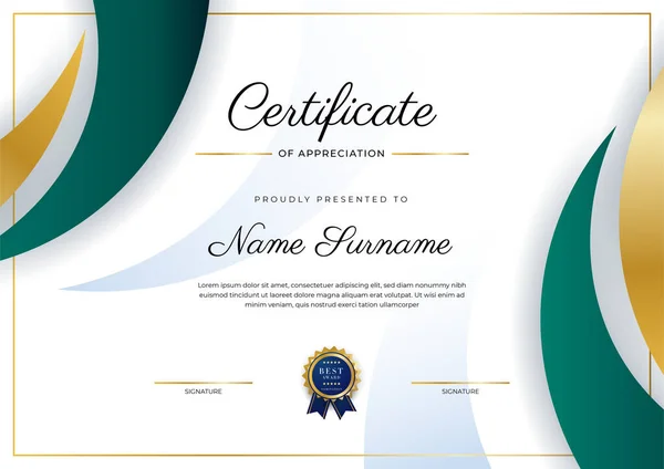 Plantilla Moderna Diseño Certificado Comercial Verde Oscuro Dorado Estilo Profesional — Vector de stock