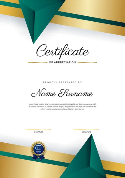 Nowoczesny Ciemnozielony Złoty Wzór Certyfikatu Biznesowego Profesjonalnym Stylu Złotą Odznaką — Wektor stockowy