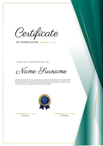 Plantilla Moderna Diseño Certificado Comercial Verde Oscuro Dorado Estilo Profesional — Vector de stock