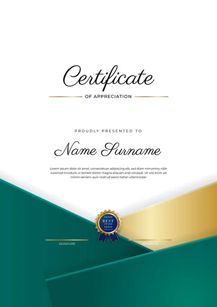 Nowoczesny Ciemnozielony Złoty Wzór Certyfikatu Biznesowego Profesjonalnym Stylu Złotą Odznaką — Wektor stockowy