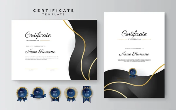 Modèle Frontière Certificat Accomplissement Noir Avec Badge Luxe Motif Ligne — Image vectorielle