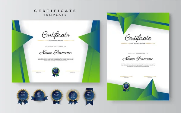 モダンなエレガントな青と緑の卒業証書の証明書テンプレート — ストックベクタ