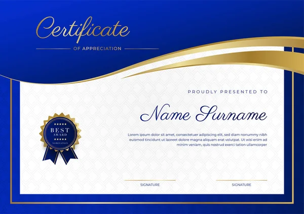 Plantilla Certificado Azul Moderno Frontera Para Premio Diploma Honor Logro — Vector de stock