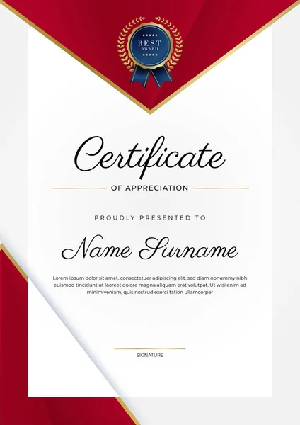 Design Moderno Elegante Modello Certificato Diploma Rosso Oro — Vettoriale Stock