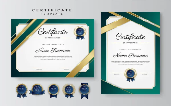 现代深绿色和金色商业证书设计模板的专业风格与金章和边框图案 矢量说明 — 图库矢量图片