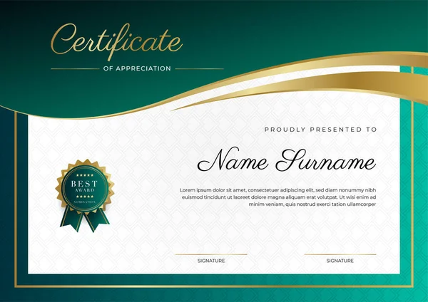 Plantilla Moderna Diseño Certificado Comercial Verde Oscuro Dorado Estilo Profesional — Vector de stock