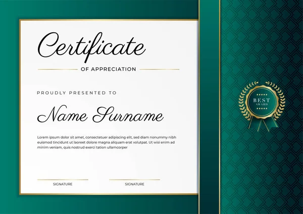 Plantilla Moderna Diseño Certificado Comercial Verde Oscuro Dorado Estilo Profesional — Vector de stock