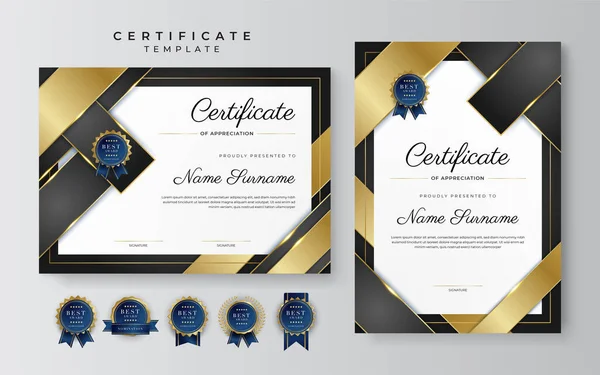 Certificado Negro Dorado Plantilla Frontera Logro Con Insignia Lujo Patrón — Archivo Imágenes Vectoriales