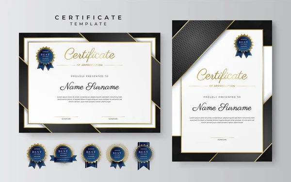 Certificato Nero Oro Del Modello Bordo Realizzazione Con Distintivo Lusso — Vettoriale Stock