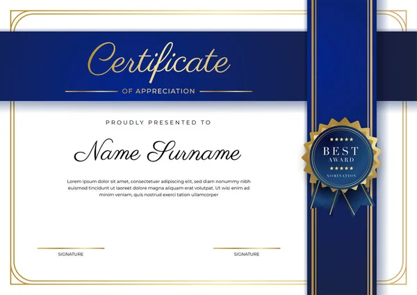 Modèle Certificat Bleu Moderne Frontière Pour Attribution Diplôme Honneur Réalisation — Image vectorielle