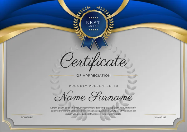 Modern mavi sertifika şablonu ve sınırı, ödül, diploma, onur, başarı, mezuniyet ve baskı için