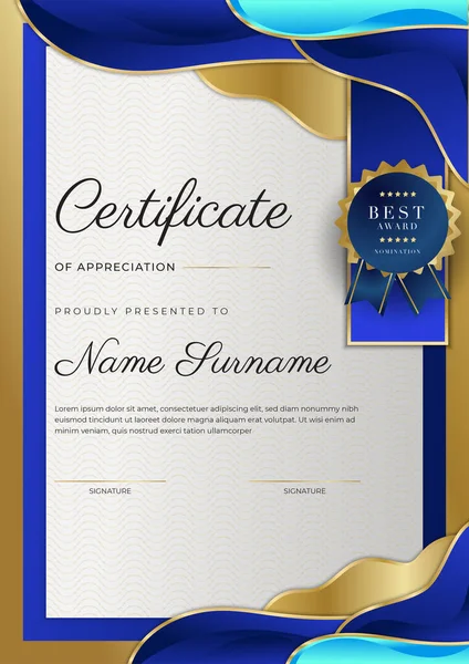 Modern Blauw Certificaat Sjabloon Grens Voor Toekenning Diploma Eer Prestatie — Stockvector