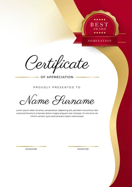 Design Modelo Certificado Diploma Elegante Moderno Vermelho Ouro — Vetor de Stock