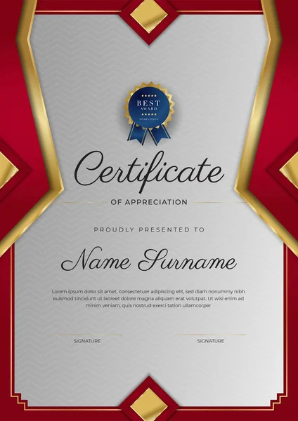 Design Moderno Elegante Modello Certificato Diploma Rosso Oro — Vettoriale Stock