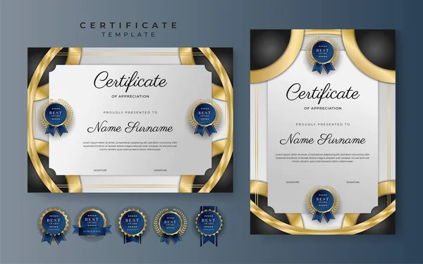 Certificato Nero Oro Del Modello Bordo Realizzazione Con Distintivo Lusso — Vettoriale Stock