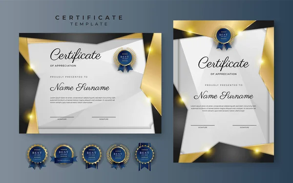 Certificado Negro Dorado Plantilla Frontera Logro Con Insignia Lujo Patrón — Vector de stock