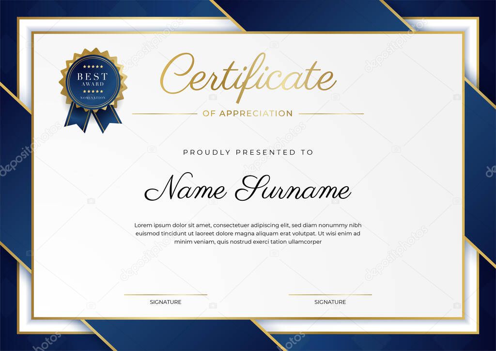 Modern blue certificate template and border, for award, diploma, honor, achievement, graduation and printing