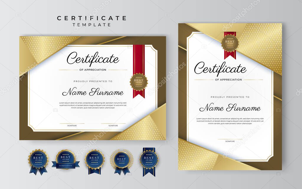 Premium gold certificate of achievement border template with luxury badge and modern line pattern. For award, business, and education needs