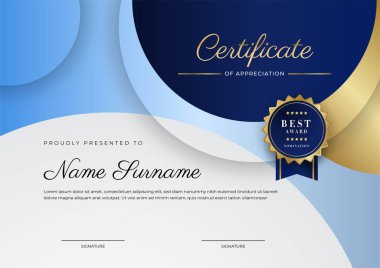 Modern mavi sertifika şablonu ve sınırı, ödül, diploma, onur, başarı, mezuniyet ve baskı için