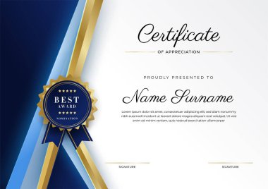 Modern mavi sertifika şablonu ve sınırı, ödül, diploma, onur, başarı, mezuniyet ve baskı için