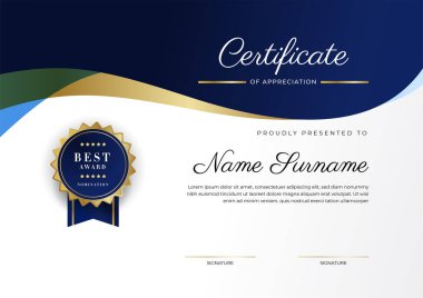 Modern mavi sertifika şablonu ve sınırı, ödül, diploma, onur, başarı, mezuniyet ve baskı için