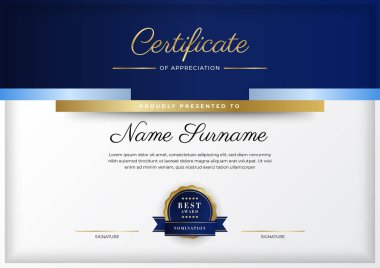 Modern mavi sertifika şablonu ve sınırı, ödül, diploma, onur, başarı, mezuniyet ve baskı için