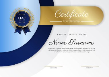 Modern mavi sertifika şablonu ve sınırı, ödül, diploma, onur, başarı, mezuniyet ve baskı için