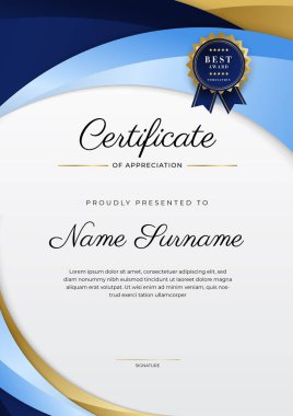 Modern mavi sertifika şablonu ve sınırı, ödül, diploma, onur, başarı, mezuniyet ve baskı için