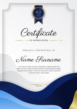 Modern mavi sertifika şablonu ve sınırı, ödül, diploma, onur, başarı, mezuniyet ve baskı için