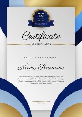Modern mavi sertifika şablonu ve sınırı, ödül, diploma, onur, başarı, mezuniyet ve baskı için