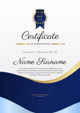 Modern mavi sertifika şablonu ve sınırı, ödül, diploma, onur, başarı, mezuniyet ve baskı için