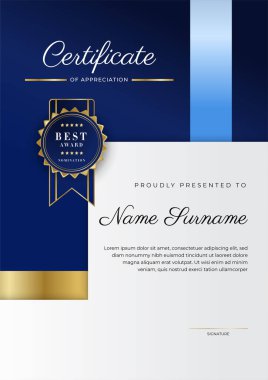 Modern mavi sertifika şablonu ve sınırı, ödül, diploma, onur, başarı, mezuniyet ve baskı için