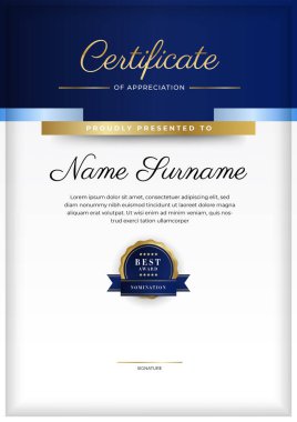 Modern mavi sertifika şablonu ve sınırı, ödül, diploma, onur, başarı, mezuniyet ve baskı için